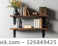 Rustic Wooden Shelves with Books and Decor 126849425