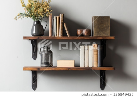 Rustic Wooden Shelves with Books and Decor Rustic Wooden Shelves with Books and Decor 126849425