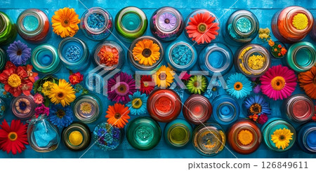 Vibrant Floral Arrangement Colorful Jars Summer Flowers Blue Background Decorative Design Pretty 126849611