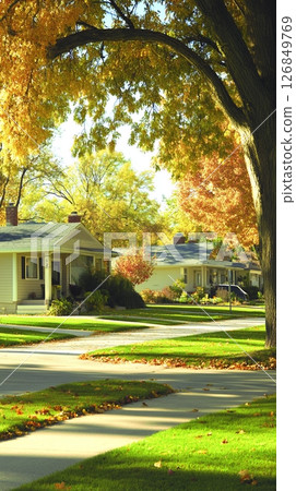 Autumnal Suburban Street Scene Peaceful Homes Colorful Trees Fall Road Calm Cozy House Green Grass 126849769