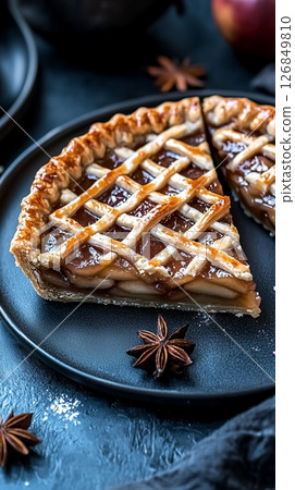 Delicious Homemade Apple Pie Slice Sweet Pastry Baked Dessert Golden Crust Autumn Treat food fall 126849810