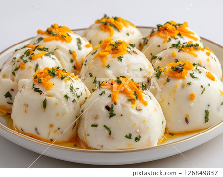 Delicious Creamy White Ice Cream Balls Orange Garnish Gourmet Dessert Eat Food Cook Dish Cold Sweet 126849837