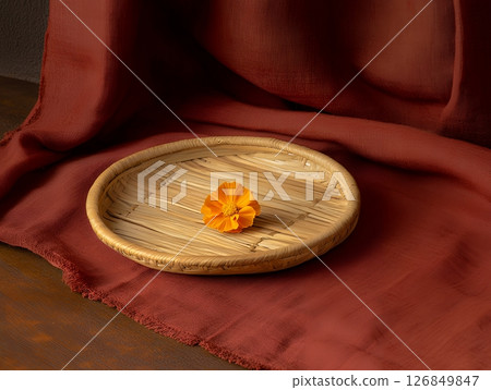 Rustic Woven Basket Orange Flower Still Life Photography Autumnal red art fall home warm cozy calm 126849847