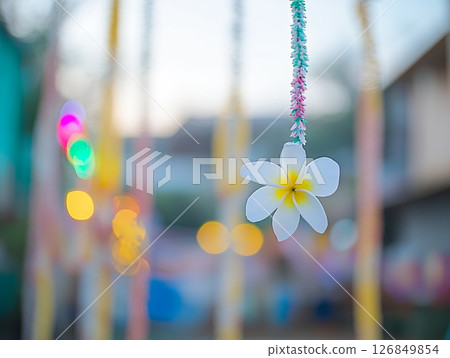 Beautiful White Plumeria Flower Hanging Decor Festive Asian Style Art Soft Calm Bokeh Image Color 126849854