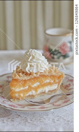 Delicious Creamy Apple Crumble Pie Dessert Slice Sweet Baked Pastry Treat tea cup food fall cake 126849864
