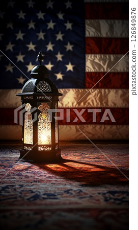 Ornate Metal Lantern American Flag Background Festive Ramadan red rug art blue dark warm mood light 126849876