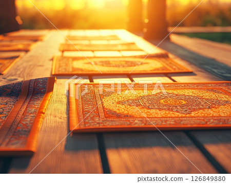 Golden Hour Sunset Outdoor Table Decor Elegant Rugs Warm Tones Peaceful Atmosphere Summer Evening 126849880