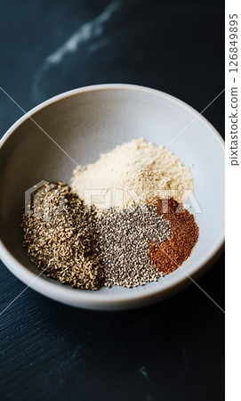 Gourmet Spice Blend in Bowl Aromatic Herbs Seasoning Mix Culinary Photography Food Styling Eat Gray 126849895