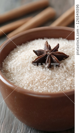 Brown Sugar Bowl Star Anise Cinnamon Sticks Sweet Baking Ingredient up food life warm cozy close 126849896