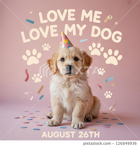 National Dog Day (Aug 26), golden retriever puppy wearing party hat in pastel minimalistic illustration style 126849936