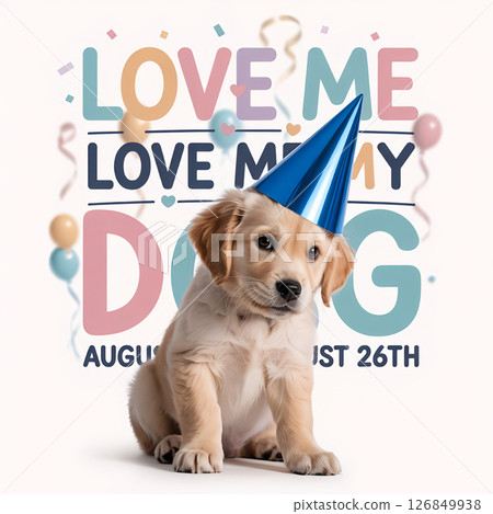 National Dog Day (Aug 26), golden retriever puppy wearing party hat in pastel minimalistic illustration style 126849938