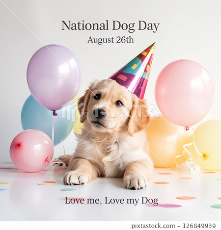 National Dog Day (Aug 26), golden retriever puppy wearing party hat in pastel minimalistic illustration style 126849939