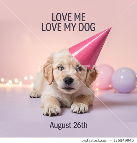 National Dog Day (Aug 26), golden retriever puppy wearing party hat in pastel minimalistic illustration style 126849940