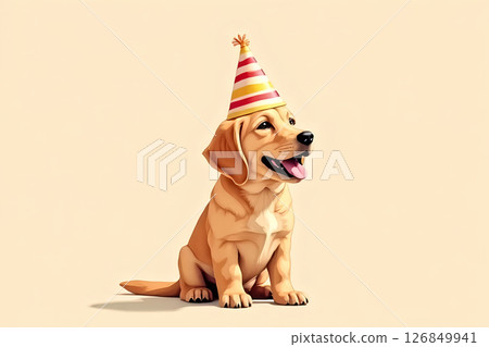 National Dog Day (Aug 26), golden retriever puppy wearing party hat in pastel minimalistic illustration style 126849941