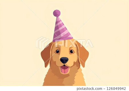 National Dog Day (Aug 26), golden retriever puppy wearing party hat in pastel minimalistic illustration style 126849942