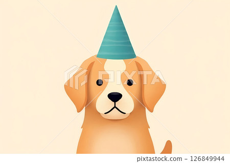 National Dog Day (Aug 26), golden retriever puppy wearing party hat in pastel minimalistic illustration style 126849944