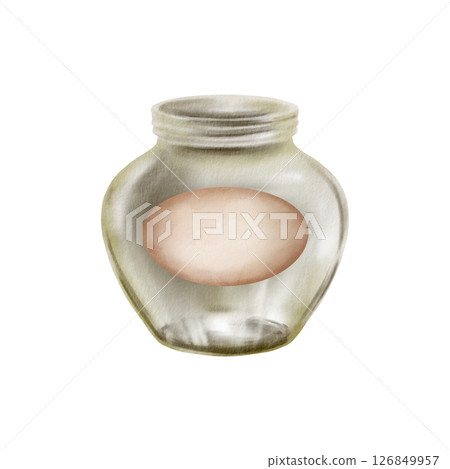 Empty low round glass clear jar with oval label without lid green shade watercolor isolated illustration.Jar for preserving fruits and vegetables in summer.Minimalist container for homemade jam Empty low round glass clear jar with oval label without lid green shade watercolor isolated illustration.Jar for preserving fruits and vegetables in summer.Minimalist container for homemade jam 126849957