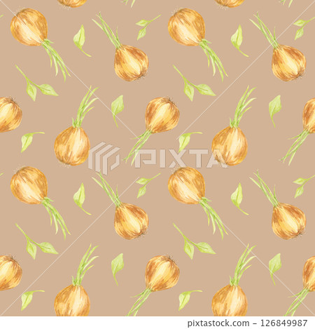 Yellow onions with leafy tops on a warm beige background in a seamless watercolor pattern. A versatile clipart for food-themed merchandise, kitchen linens, or menu design 126849987