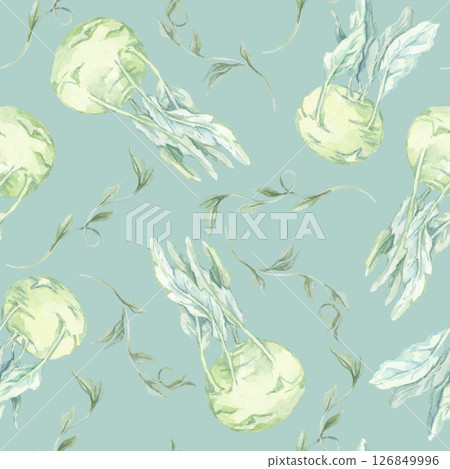 Watercolor clipart of green kohlrabi and detailed foliage on a soft blue background in seamless pattern. Hand drawn vegetable illustration for kitchen accessories, herbal prints and market tote fabric Watercolor clipart of green kohlrabi and detailed foliage on a soft blue background in seamless pattern. Hand drawn vegetable illustration for kitchen accessories, herbal prints and market tote fabric 126849996