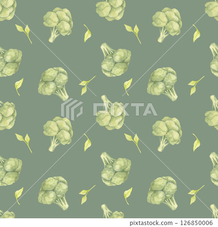 Green broccoli watercolor illustration on olive green background in a seamless pattern. Garden vegetable clipart for menu decoration, reusable bags, sustainable packaging, and kitchen fabric Green broccoli watercolor illustration on olive green background in a seamless pattern. Garden vegetable clipart for menu decoration, reusable bags, sustainable packaging, and kitchen fabric 126850006