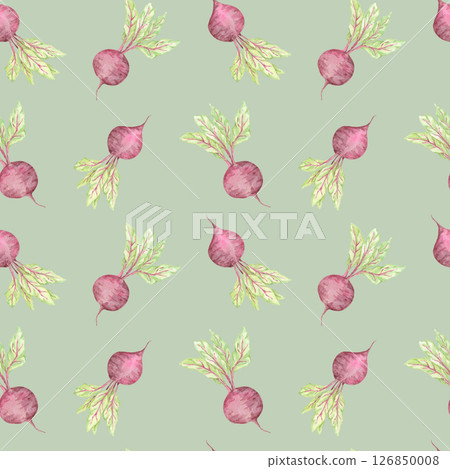 Purple beetroot and soft green leaves on a sage-colored background. Garden vegetables watercolor illustration. Seamless pattern clipart. Great for gardening prints, tablecloths, and wrapping paper 126850008