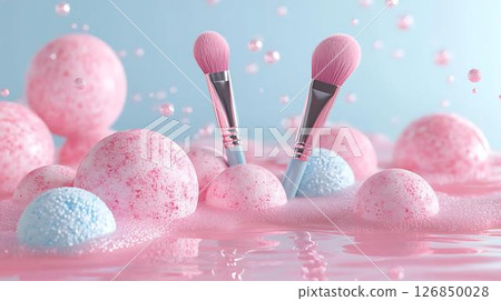 Pastel background 3D mockup of a beauty-themed poster with abstract makeup brush strokes, surrounded by floating bath bombs and sparkles Beauty and Skincare Print Themes Home Decor Posters with Dreamy 126850028