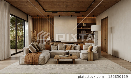 Contemporary loft interior with sofa with pillows carpet, wood wall panels and ceiling, coffee table, floor lamp and decor. 3d render illustration mockup. 126850119