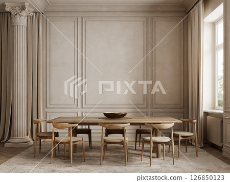 Classic beige interior with dining table, chairs, moldings, column, fur carpet and wood floor, 3d render illustration mockup. Classic beige interior with dining table, chairs, moldings, column, fur carpet and wood floor, 3d render illustration mockup. 126850123