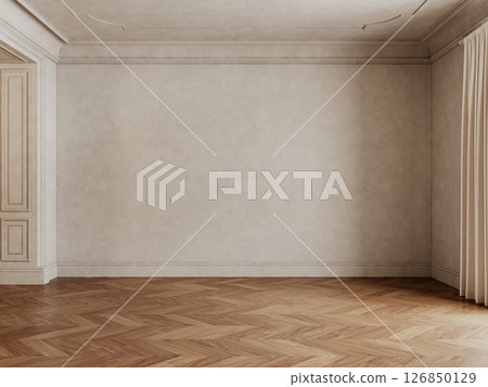 Classic beige empty interior with blank wall, wood chevron floor and curtains. 3d render illustration mockup. 126850129