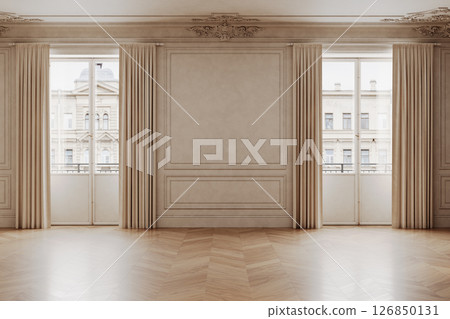Classic beige empty interior with moldings, and parquet wood floor, 3d render illustration mockup. Classic beige empty interior with moldings, and parquet wood floor, 3d render illustration mockup. 126850131