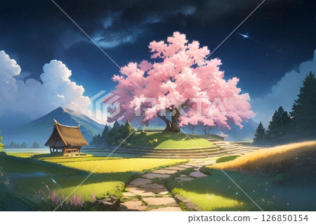 遊戲背景:亞洲鄉村的稻田風光,夜晚的櫻花盛開 遊戲背景:亞洲鄉村的稻田風光,夜晚的櫻花盛開 126850154