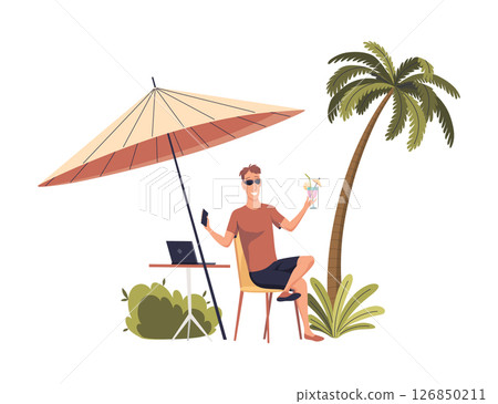Man Freelancer in Summer on Beach under Palm Tree with cocktail and notebook. Businessman Sitting at Coast and Working with Laptop. Beach Umbrella. Summer Holiday Relax. Vector Illustration 126850211