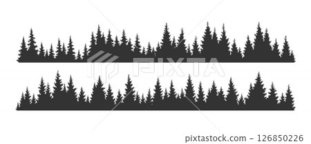 Set of fir trees silhouettes. Coniferous spruce horizontal background patterns, black evergreen woods vector illustration. Beautiful hand drawn panoramas of coniferous forest 126850226