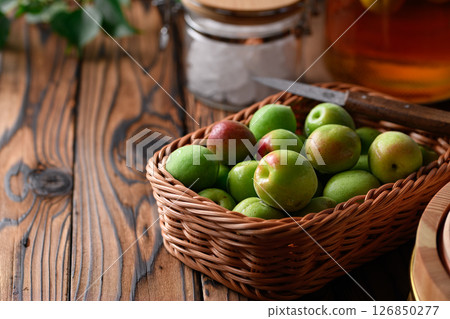 用青梅(紀州南高梅)釀造梅酒 用青梅(紀州南高梅)釀造梅酒 126850277