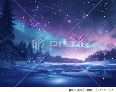 Aurora dancing in the starry sky and butterflies, snowy landscape, night sky Aurora dancing in the starry sky and butterflies, snowy landscape, night sky 126850296