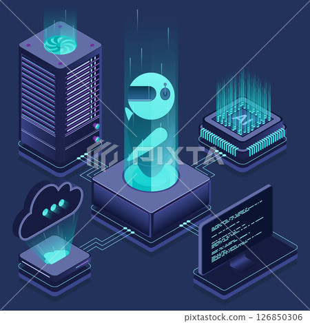 Artificial intelligence robot. System analysis. Big data processing. Machine learning technology. Isometric technology Artificial intelligence robot. System analysis. Big data processing. Machine learning technology. Isometric technology 126850306