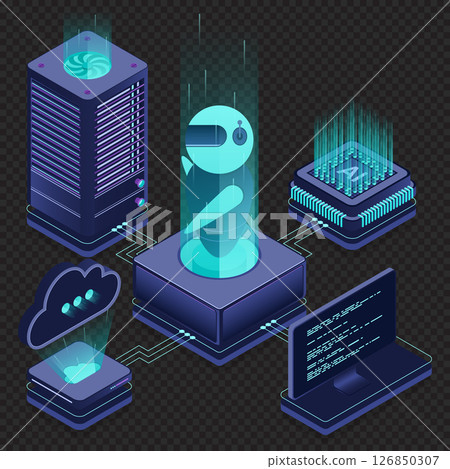 Artificial intelligence robot. System analysis. Big data processing. Machine learning technology. Isometric technology 126850307