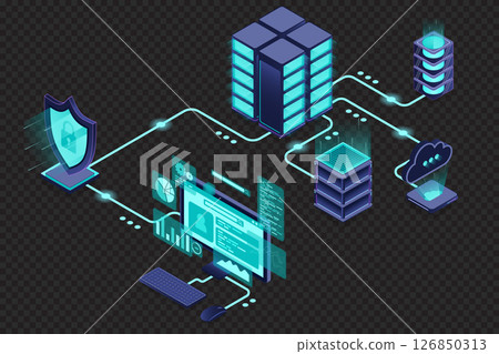 VPN protection with a shield. Virtual private network security technology concept. Cyber security. Isometric technology 126850313