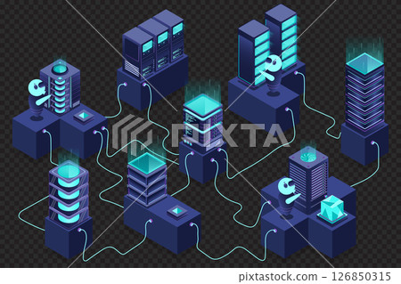 3d isometric concept big data center with server. Cloud computing. Network mainframe infrastructure. Isometric high technology concept 126850315