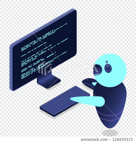 Futuristic robot interaction with computer. Isometric AI robot. Digital communication chatbots. Isometric technology 126850323