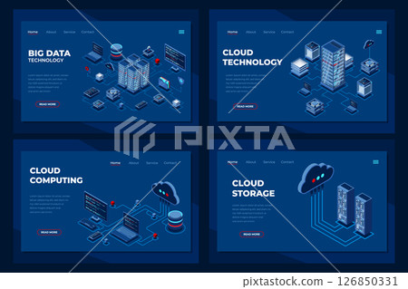 Set of isometric landing page template. Modern technology concept for cloud computing and big data technology. Isometric technology Set of isometric landing page template. Modern technology concept for cloud computing and big data technology. Isometric technology 126850331