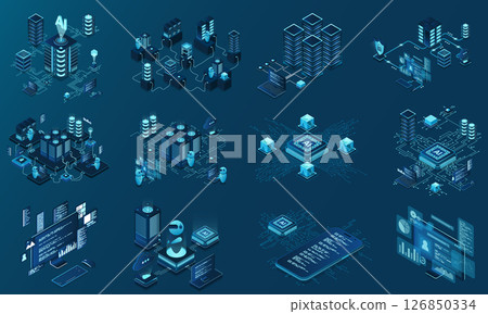 Set of isometric modern technology concept for cloud computing, datacenter, database, artificial intelligence, and blockchain technology. Isometric technology 126850334
