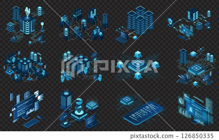 Set of isometric modern technology concept for cloud computing, datacenter, database, artificial intelligence, and blockchain technology. Isometric technology 126850335
