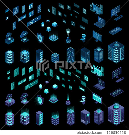 Large set of isometric computer technology. Isometric set server equipment. Modern technology concept for cloud computing, datacenter, database. Isometric technology 126850338
