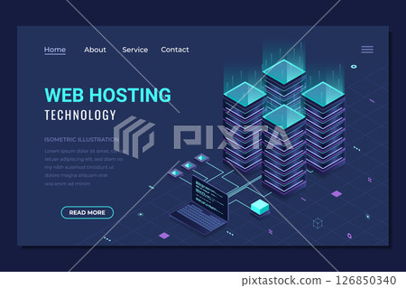 Isometric web hosting landing page. Computing cloud and connections. Web hosting concept. Landing page template design. Isometric technology Isometric web hosting landing page. Computing cloud and connections. Web hosting concept. Landing page template design. Isometric technology 126850340