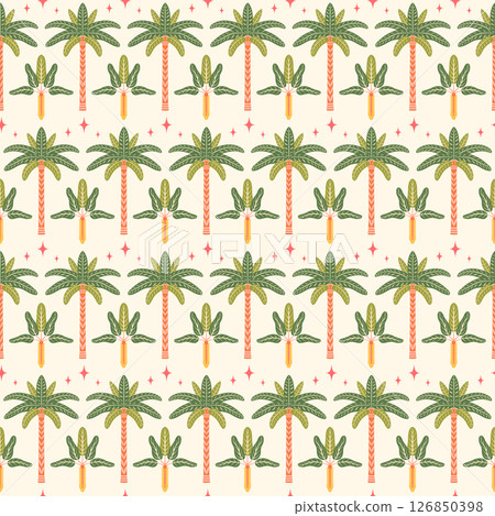 Boho palm trees vector seamless pattern illustration. Modern tropical summer repeat tile design with stylized symmetrical exotic palms and stars on light background in flat retro nostalgic style Boho palm trees vector seamless pattern illustration. Modern tropical summer repeat tile design with stylized symmetrical exotic palms and stars on light background in flat retro nostalgic style 126850398