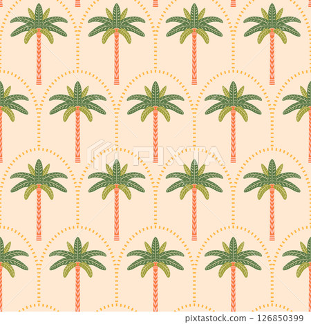 Palm trees vector seamless pattern illustration. Stylized symmetrical tropical palms on light scallop arch background. Summer beach vacation retro vibes repeat tile, Art deco jungle plants design Palm trees vector seamless pattern illustration. Stylized symmetrical tropical palms on light scallop arch background. Summer beach vacation retro vibes repeat tile, Art deco jungle plants design 126850399