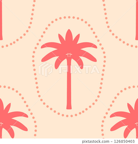 Palm trees silhouettes vector seamless pattern illustration. Pink block print tropical plants design on pastel light background for fabric, wallpaper, print, decor. Simple summer beach repeat tile Palm trees silhouettes vector seamless pattern illustration. Pink block print tropical plants design on pastel light background for fabric, wallpaper, print, decor. Simple summer beach repeat tile 126850403