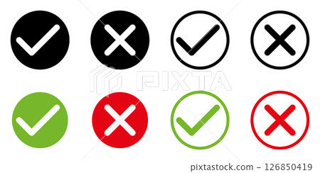 green tick and red x in circle, set of OK check mark and X cross icon symbol, vector illustration green tick and red x in circle, set of OK check mark and X cross icon symbol, vector illustration 126850419
