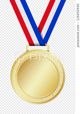 Realistic gold medal mockup. Gold medal with ribbon. Design winner golden medal prize. Winner award medal. Vector illustration 126850440
